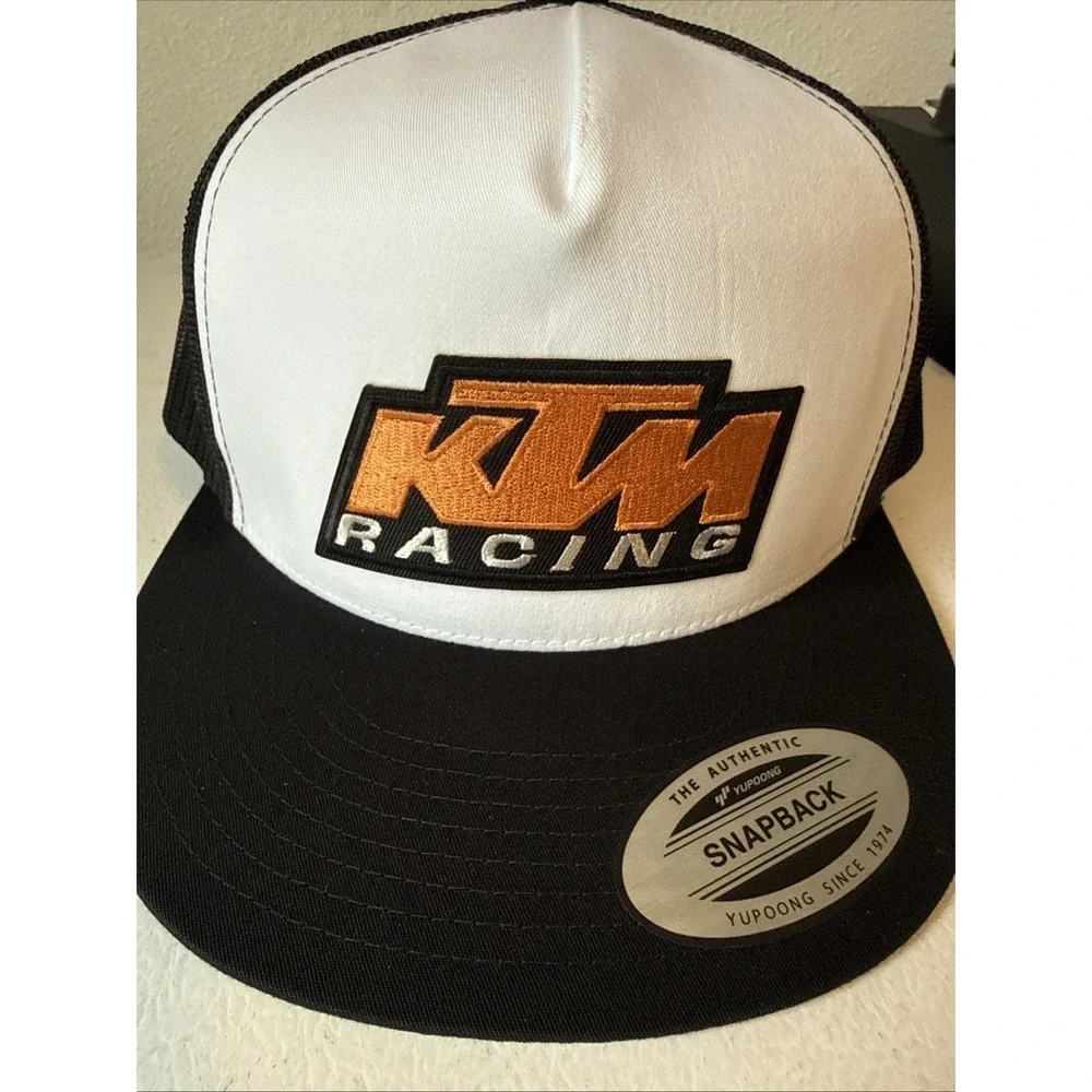 New KTM Racing Patch Heat Pressed On a Yupoong Classic Trucker Hat Flat Bill